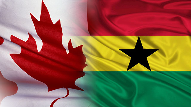 Canadian flag fading into a Ghana flag